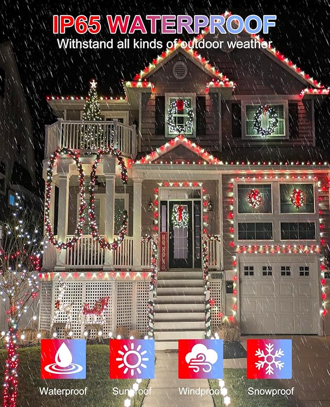 157FT 480 LED Christmas Decoration Lights, Green Wire Christmas Tree Lights Waterproof, 8 Modes Twinkle Fairy Light for Indoor Outdoor House Tree Xmas Holiday Decorations, Red White