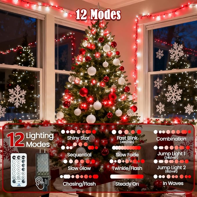 2025 New Voice Control 88ft 240LED Smart Christmas String Lights Outdoor/Indoor | String Lights with Remote, 12Modes, 7Voice Commands & Timers, Christmas Twinkle Light for Xmas Tree Decor(Red & White)
