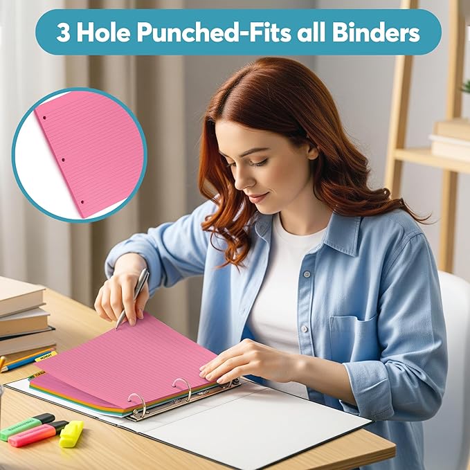 Colored Notebook Paper – 8.5 x 11, 150 Sheets – Thick 80 gsm College Ruled Colorful Loose Leaf Filler Paper – 3-Hole Punched Binder Papers for School, Office, and Journaling (Neon)