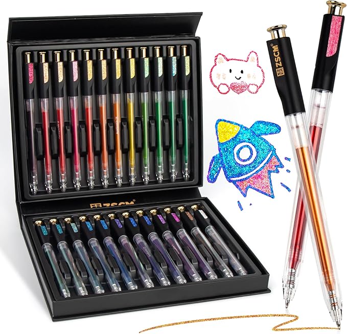Retractable Super Glitter Gel Pens, 24 Colors Large Capacity Metallic Sparkle Gel Ink Pens, 1 mm Fine Point Smooth Writing Color Pen for Adult Coloring Book Note Taking Aesthetic Art Supplies