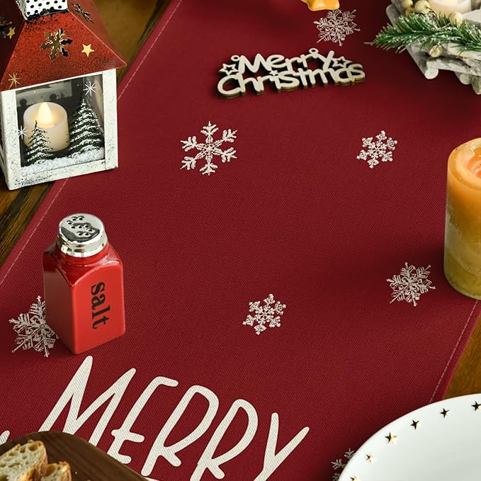 Artoid Mode Xmas Trees Snowflakes Red 210 GSM Merry Christmas Table Runner, Winter Kitchen Dining Table Decoration for Home Party Decor 13x48 Inch
