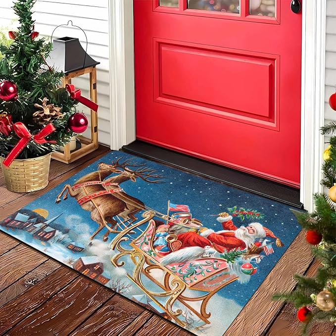 InterestPrint Christmas Reindeer Santa Claus Door Mat Indoor Outdoor, Non-Slip Rubber Christmas Doormat Inside Outside Entrance Welcome Floor Mat for Home Holiday Decor, 18" x 30"Inch