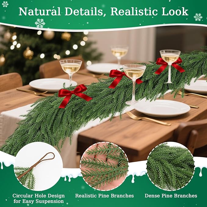 2 Pcs 6 Ft Norfolk Pine Garlands,Artificial Real Touch Christmas Greenery Garland Faux for Mantle, Table,Sairs,Wall,Indoor,Outdoor Christmas Decorations Holiday Xmas-Green