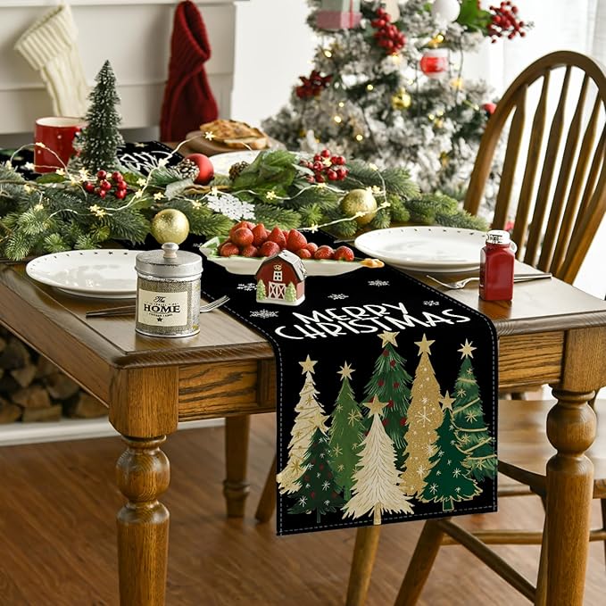Artoid Mode Xmas Trees Snowflakes Black Merry Christmas Table Runner, Winter Seasonal Kitchen Dining Table Decoration for Home Party Decor 13x108 Inch