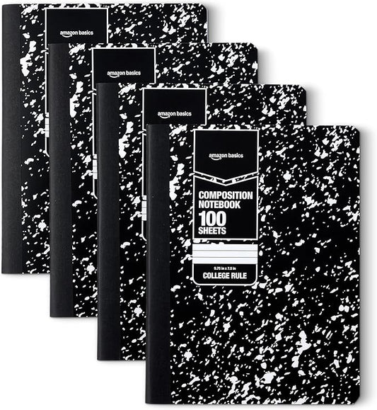 Amazon Basics Composition Notebook, College Ruled, 100 Sheets, 9.75" x 7.5", 4 pack, Marble Black