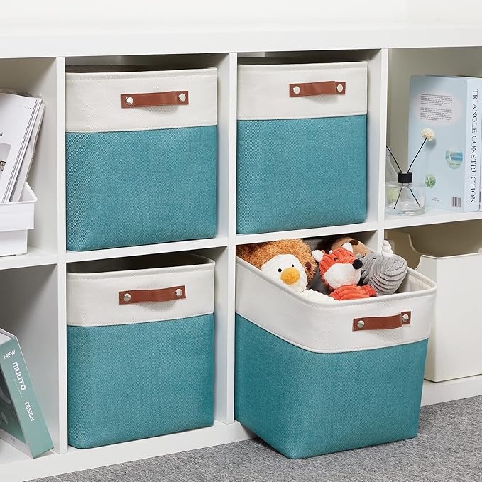 DULLEMELO Square Storage Cubes Baskets for Gifts Empty, 12 inch Cube Stroage Bins Linen Closet Organizers and Storage Baskets for Toy Nursery Shelves Bedroom Storage(4 Pack - 12" White&Teal)