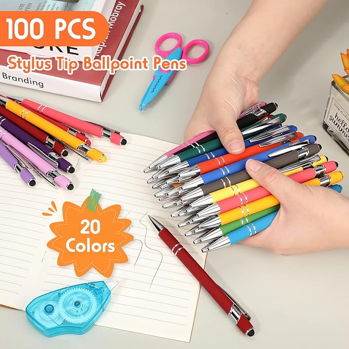 Yeaqee 100 Pieces Ballpoint Pen with Stylus Tip Click, 2 in 1 Black Ink, 1.0 mm Medium Point Stylus Metal Pen for Touch Screen Tablet(Assorted Colors)