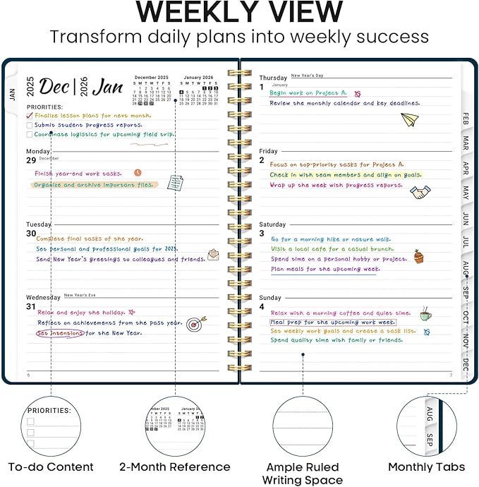 2026 Planner, Weekly and Monthly Calendar Planner Book, January 2026 - December 2026, Hardcover Spiral Planner with Monthly Tabs, Notes Pages, Perfect for Women & Men, A5 (6.4" x 8.5") - Navy