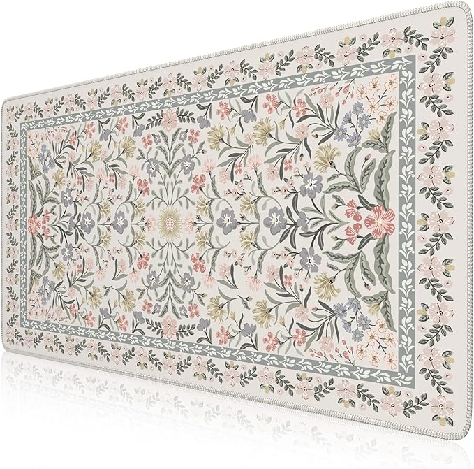 iCasso Desk Matt for Desktop, Cute Desk Pad Mat, XXL Large Mouse Pad, Anti-Slip Big Mousepad with Stitched Edges, Keyboard Pad for Computer(Gray Floral)