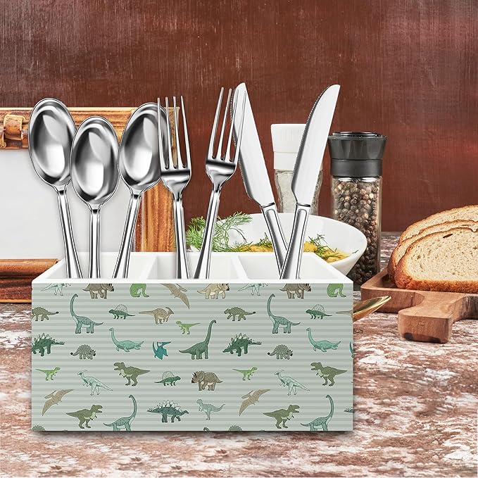 Dinosaur Gifts Pen Pencil Holder Organizer for Desk, Dinosaur Gifts for Boys Kids, Dino Striped Wooden Box Signs Decorations for Home Classroom Kids Boys Room Bedroom Desk Tabletop