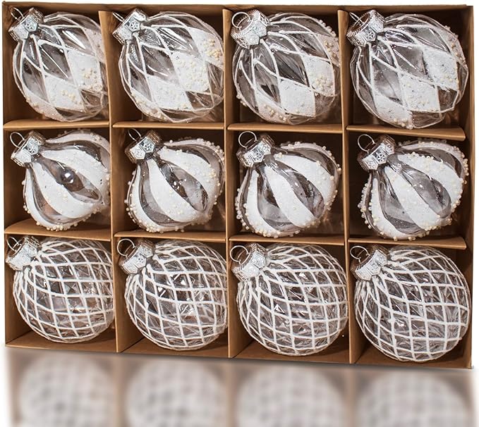 12 PCS Clear and White Christmas Ball Ornaments, 80mm/3.15 Inches Rustic Farmhouse Christmas Decorations, Large Shatterproof Luxury Hand-Painted Xmas Ornaments for Christmas Tree, Wedding