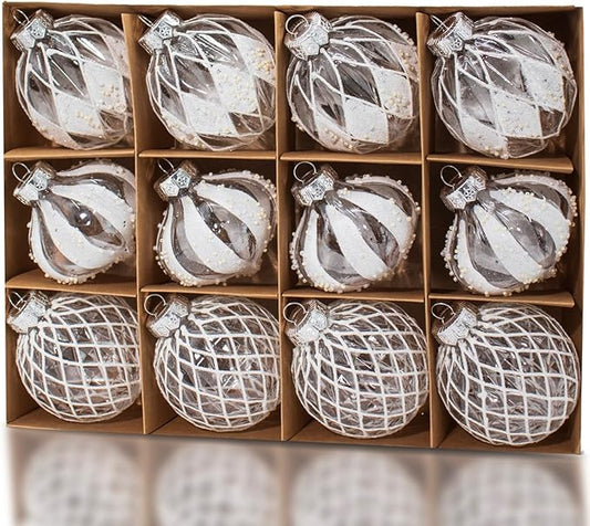 12 PCS Clear and White Christmas Ball Ornaments, 80mm/3.15 Inches Rustic Farmhouse Christmas Decorations, Large Shatterproof Luxury Hand-Painted Xmas Ornaments for Christmas Tree, Wedding