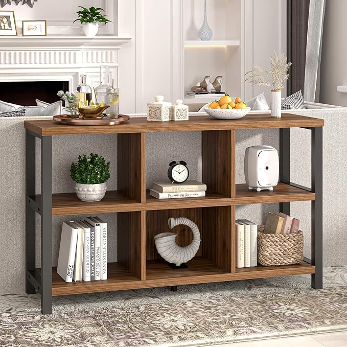 FOLUBAN 6 Cube Storage Organizer Bookshelf, Industrial Horizontal Low Cubby Bookcase for Living Room Bedroom (Rustic Walnut, 47 Inch)