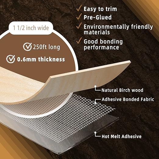 GSCIT Club Birch Edge Banding, 1 1/2 inch x 250ft roll of Veneer Plywood Edge Banding Preglued Flexible, Wood Tape Banding for Cabinet Repair