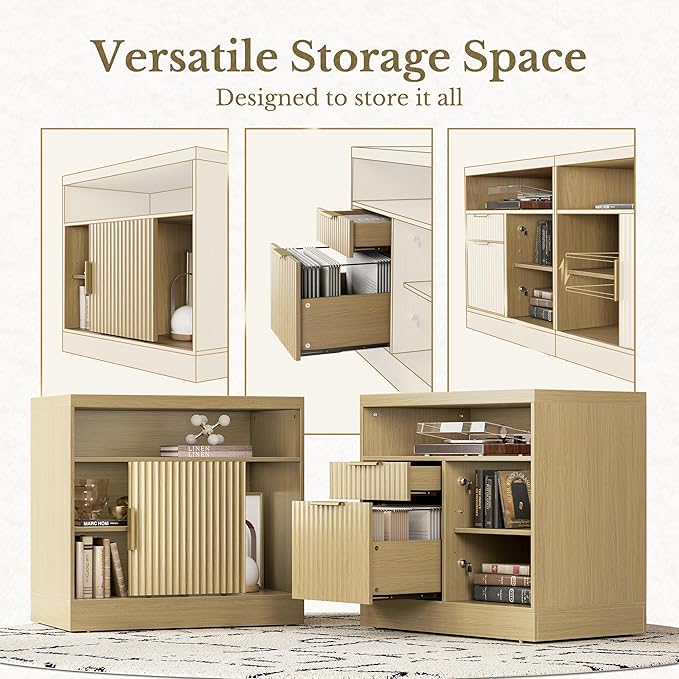 2 Drawer File Cabinet with Lock, 63'' Wood Lateral File Cabinet, Compatible Letter and A4 Size, Fluted Filing Cabinet for Home Office with AC/USB, Adjustable Storage Shelves, Light Walnut