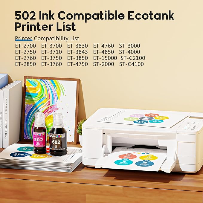 E-Z Ink 502 Ink Refill Bottles Compatible for Epson 502 Ink Refill Bottles T502 522 T522 High Capacity to Use with Epson ET-3850 ET-2850 ET-4850 ET-2800 ET-2760 ET-3760 (5 Bottles, 2BK C M Y)