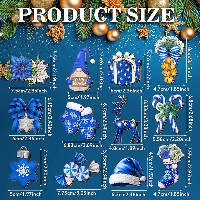 Huwena 36 Pcs Blue Christmas Wooden Ornaments Blue Christmas Decorations for Tree Snowman Gnomes Poinsettia Flowers Truck Wreath Wood Cutouts Tags with Ropes Winter Decor for Xmas Tree Gifts