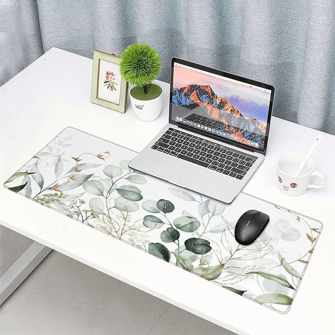 Green Gold Leaves and Branches Extended Big Mouse Pad Large,XL Gaming Mouse Pad Desk Pad,31.5x11.8inch Long Computer Keyboard Mouse Mat Mousepad with 3mm Non-Slip Base for Home Office Work