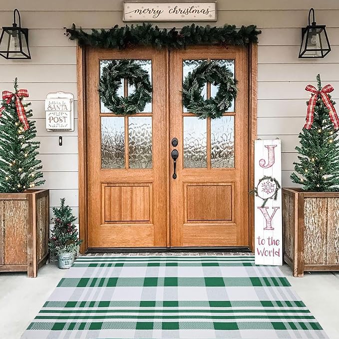 Christmas Plaid Outdoor Rug, 3' x 5' Green&White Checkered Indoor/Outdoor Area Rug, Layering Rug for Hello/Welcome Door Mat, Machine Washable Cotton Woven Rug for Farmhouse Front Porch, Entryway