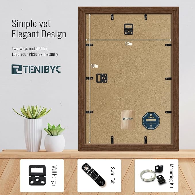 13x19 Picture Frame Set of 4, Textured Brown Wood & HD Tempered Glass, 19x13 Frame Display Posters, Photos and Puzzles, Wall Hanging