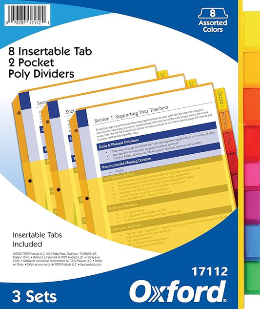 Oxford Heavy-Duty 8-Tab Plastic Binder Dividers with Pockets for Three Ring Binders - Essential Back to School Supplies and Organization Solution (3 Sets)