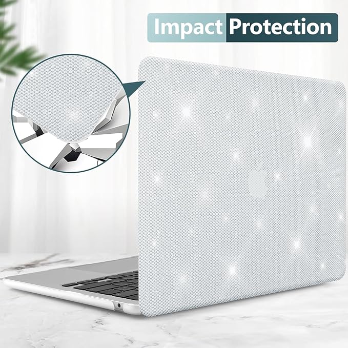 KEROM Glitter Case for MacBook Air 13 inch 2025-2022 M4 M3 M2 A3240 A3113 A2681, Luxury Bedazzled Shiny Bling Sparkle Textured PU Leather Hard Shell & Keyboard Cover for Mac Air 13.6 inch Case, White