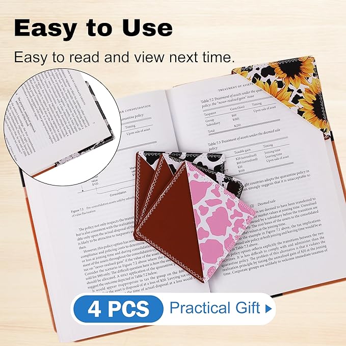 4 Pieces Leather Bookmarks, Cute Book Accessories for Reading Lovers, Page Markers for Women Men Kids Students Teachers Retirement Birthday Gift (Cow Print)