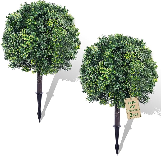 24inch Artificial Boxwood Christmas Trees, Faux Boxwood Topiary with Spikes, Weatherproof UV Resistant Fake Shrubs Plants for Outdoor Front Porch Planters, Christmas Porch Balls Decor, 2 Sets