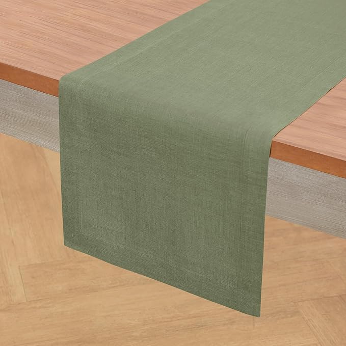 Solino Home Linen Oil Green Table Runner 144 Inches Long - 100% Pure Linen Extra Long Table Runner 14 x 144 Inch for Fall, Autumn, Thanksgiving - Fete