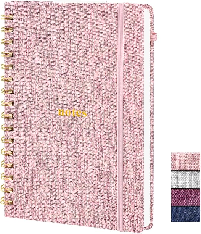 A5 Spiral Notebook – Hardcover Journal 160 Lined Pages 100 GSM Thick Paper With Elastic Band & Pen Holder College Ruled Writing Notebooks for Work School Travel Pink