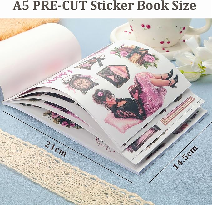 Snycler Black.Pink Theme Sticker Scrapbooking Supplies for Junk Journal, 20 Sheets PET Stickers - Vintage Journaling Stickers, Ephemera Sticker Book Pre Cut, Planner, Junk Journal Supplies