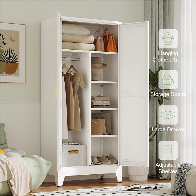 Metal Wardrobe Cabinet with Hanging Rod,Large 71" Armoire Wardrobe Closet with Adjustable Shelves,Farmhouse Metal Clothing Storage Cabinets for Bedroom,Office,Employee(White)