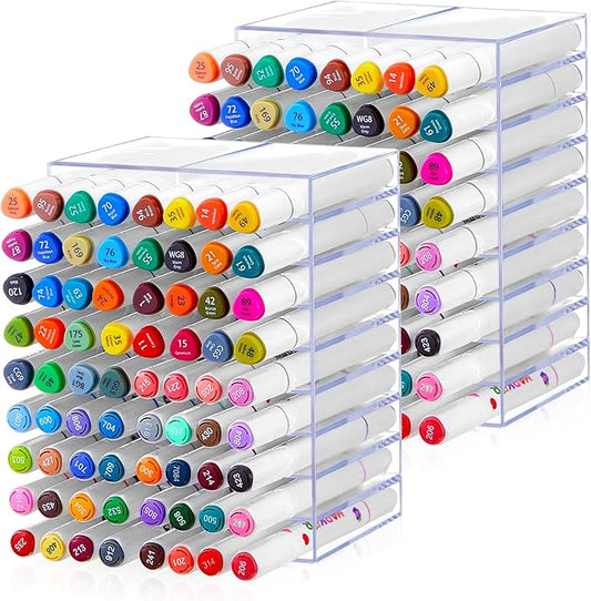 2 Pcs Acrylic Marker Organizer Desktop Storage Hold 144 Marker, Clear Pencil Holder Stand Art Brushes Stationary Display with 18 Compartments for School Classroom Desk Home Office Supplies