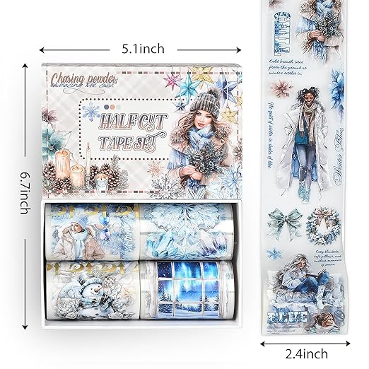 Snycler Pre-Cut Blue Snowflake Themed PET Washi Tapes - Vintage Aesthetic Tape Stickers for Journaling, Scrapbooking, Junk Journals, Crafts, Planners - 4 Rolls
