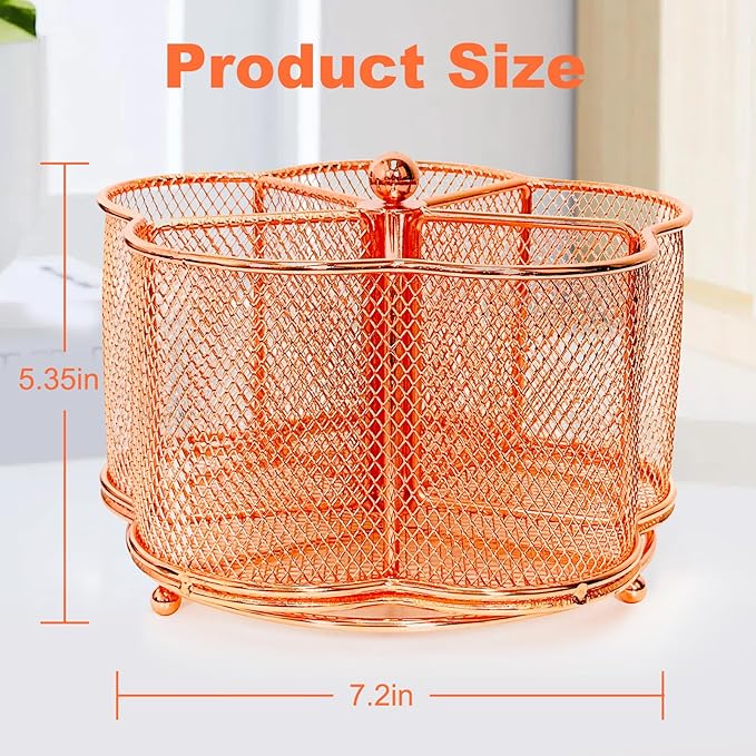 360 Degree Rotate Pen Holder for Desk Mesh Desk Pen Organizer Pencil Holder Large Capacity Accessories & Workspace Organizers for School,Home (Rose Gold, No hook)