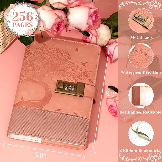 Pink Diary with Lock for Women Girls 256 Pages Leather Password Journal with Lock A5 Vintage Locked Journals for Writing Note Taking, 5.9x 8.3 in