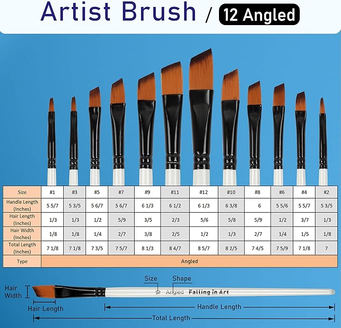 Falling in Art Paint Brushes Set, 12 PCS Nylon Professional Angled Paint Brushes for Watercolor, Oil Painting, Acrylic, Face Body Nail Art, Crafts, Rock Painting