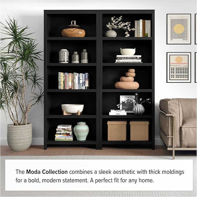 Prepac Moda 5-Tier Tall Wooden Bookcase, Black Storage Cabinet, Display Cabinet, Bookshelf with Storage Shelves 31.75" W x 80" H x 12" D for Home Office, Living Room, Bedroom Organizer