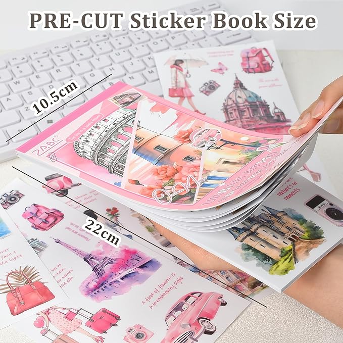 Snycler Pink City Series Sticker Book - 20 Sheets Vintage PET Stickers for Scrapbooking, Junk Journaling, Ephemera, and Decorative Crafts - Pre-Cut Urban Design Stickers