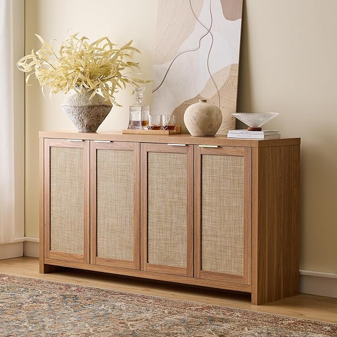 Walsham 61'' Buffet Cabinet with Storage, Adjustable Shelf Sideboard Rattan Entryway Console Cabinet with Doors Modern Credenza Coffee Bar Station for Kichen Living Room Holds 410lb Weathered Oak