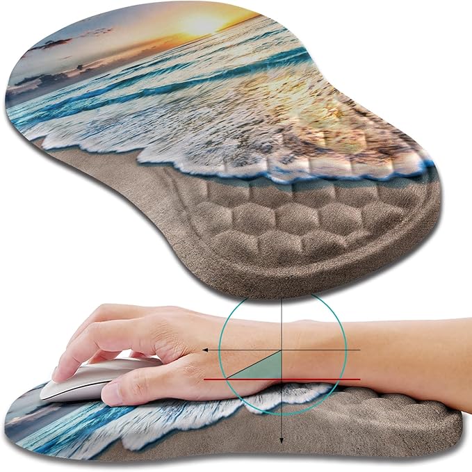 Hokafenle Ergonomic Mouse Pad Wrist Support, Wrist Rest Mousepad for Carpal Tunnel Pain Relief with Integrated Memory Foam Slope Massage Bulge (11.8x7.9 inch,Beach Sunset