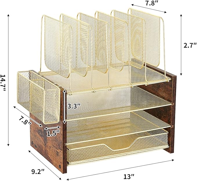 Gold Desk Organizers and Accessories,4-Tier Desktop File Organizer with Drawer, Wood Paper Organizer with 5 Vertical File Holders and Pen Holder for Office Supplies
