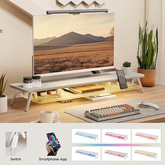 Fenge Dual Monitor Stand for Desk, 2 Tiers Monitor Riser with Acrylic Shelf & App Control LED Lights, 42.5 Inch Wood and Aluminum Desk Shelf with Phone and Tablet Holder