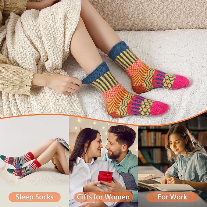 ICEIVY 5 Pair Fuzzy Cozy Socks for Women - Warm Comfy Soft Casual Home Sleep Winter Wool Socks - Gifts for Women