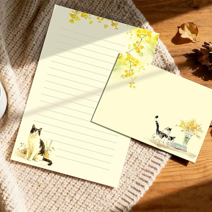 36PCS Cat Theme Stationery Set, Warm Yellow Healing Style Letter Writing Paper with Cute Kitty Illustrations and Envelopes for Letters, Invitations, Holiday Greetings, Party Notes and Gifts