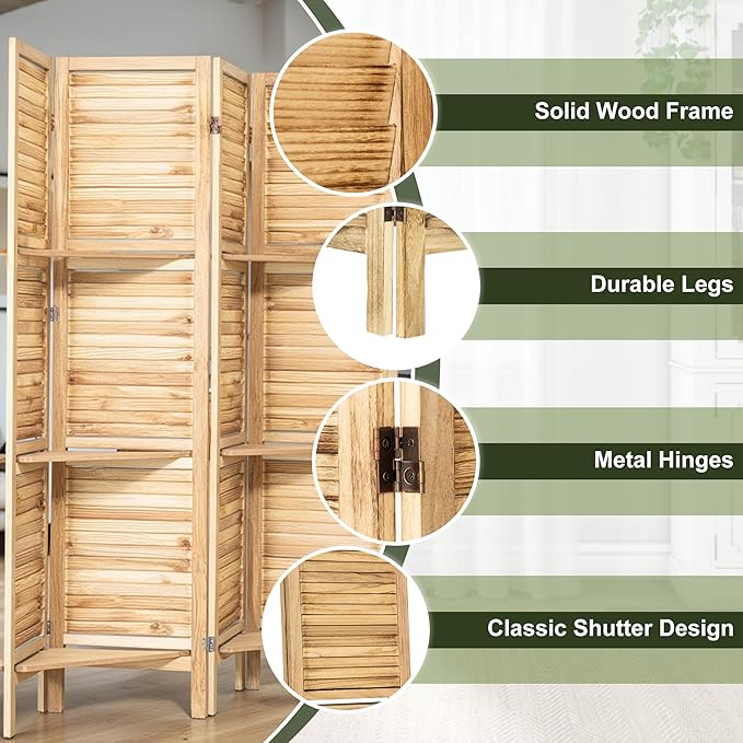 NicBex 4 Panel Room Divider,5.6FT Wood Carved Room Dividers with Display Shelves Folding Privacy Screens Portable Freestanding Partition Wall Dividers for Room Separation, Bedroom Office,Natural Wood