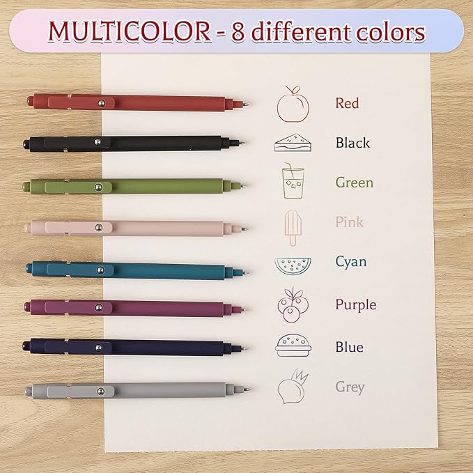 8 Pack Gel Pens, Colorful Pens 0.5 mm Fine Tip Retractable Multicolored Pens Smooth Writing for Journaling Note Taking Office Supplies School Supplies, Stocking Stuffers for Women Teens