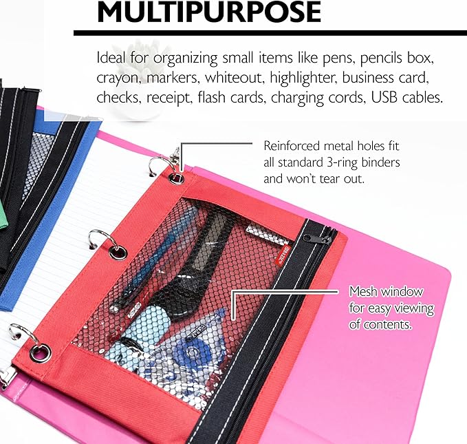 BAZIC Pencil Pouch 3 Ring Binder Pouch w/Rivet Enforced Rings Holes, Assorted Color Mesh Window Zipper Pouches, 4-Pack