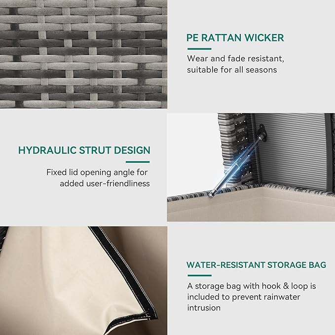 YITAHOME 200 Gallon Large Wicker Deck Box w/Storage Net, Rattan XL Outdoor Storage Box Patio Cushion Storage, Patio Storage Box for Garden Tools, Pool Sports Equipment (Grey)