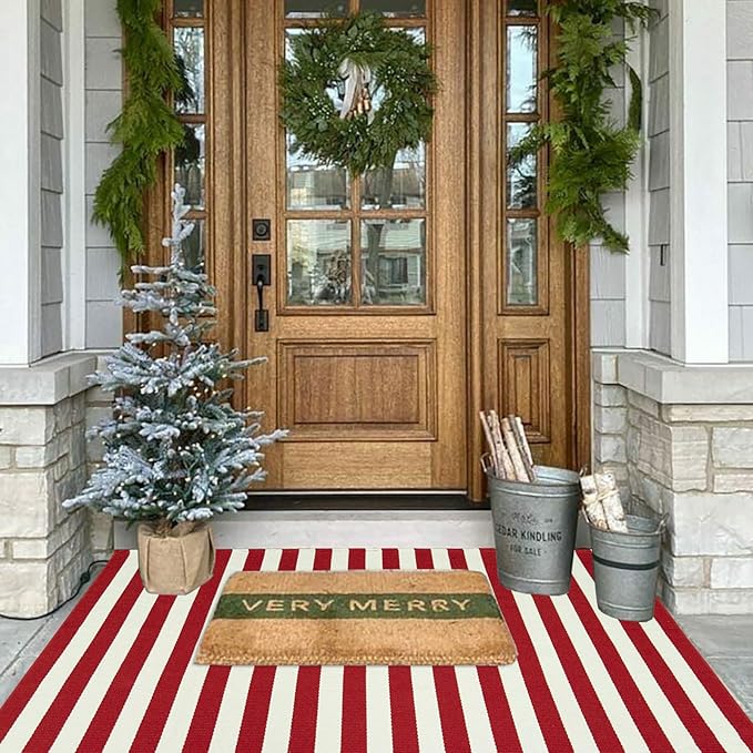 Christmas Outdoor mat Red and White Striped Outdoor Rug Front Porch Rug,Christmas Home Decor, Layerd Welcome Doormat for Front Porch Decor, Front Door, Farmhouse Decor (Red and White, 36''x60'')